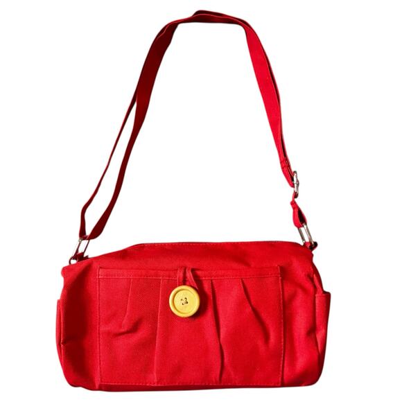 Vintage Red Canvas Shoulder Bag Wooden Button Accent Adjustable Strap Purse - Picture 1 of 7